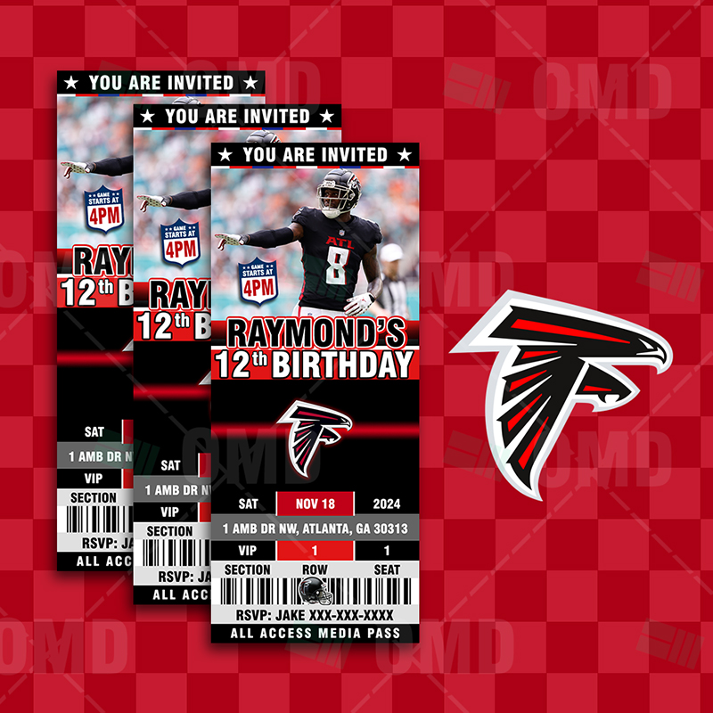 2.5×6 Atlanta Falcons Ticket Style Sports Party Invitations – Sports Invites