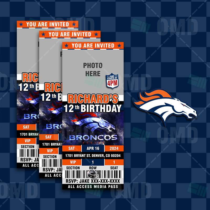 Denver Broncos Ticket Style Sports Party Invitations – Sports Invites