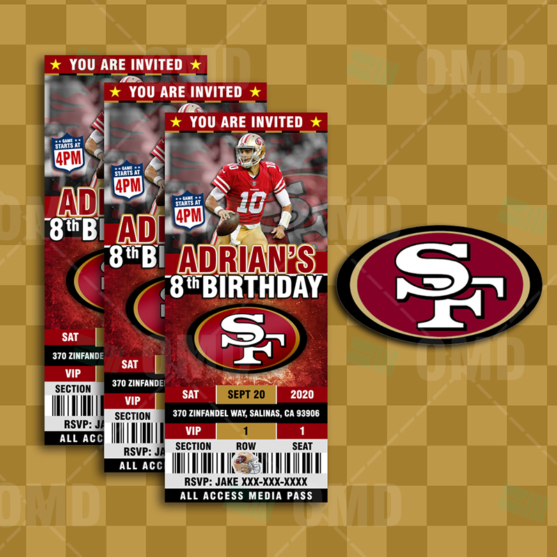 San Francisco 49ers Ticket Style Sports Party Invitations – Sports Invites