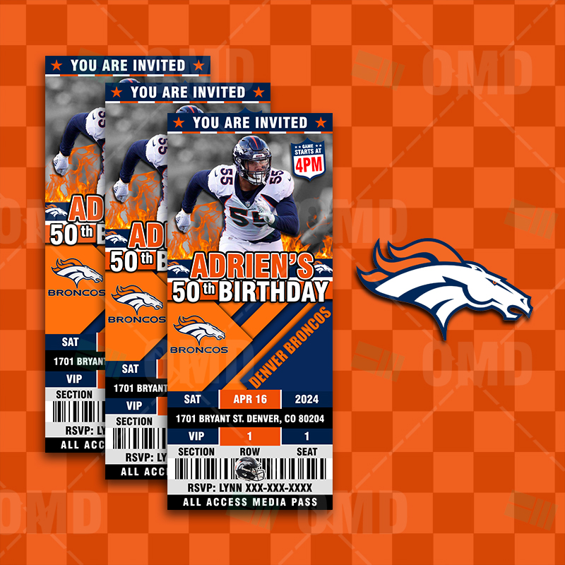 Denver Broncos Sports Party Ticket Style Invites – Sports Invites
