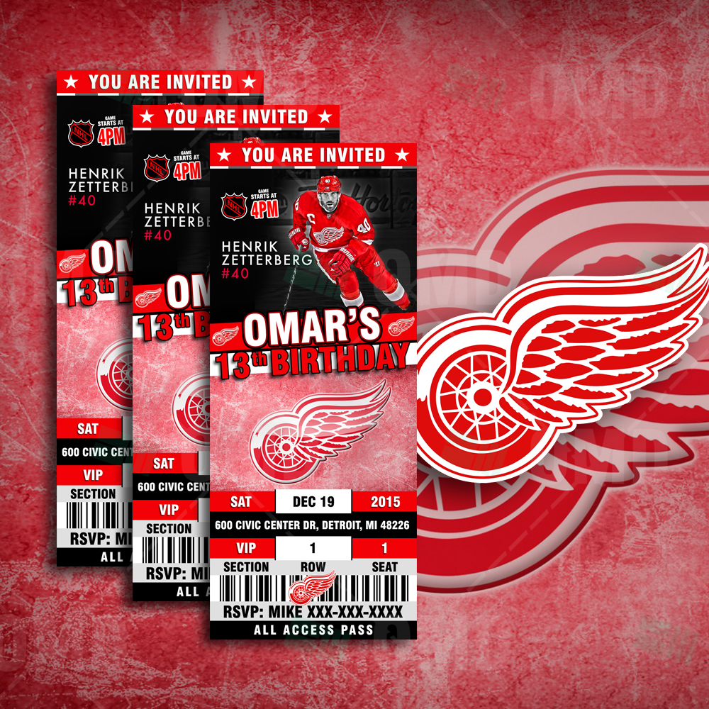 2.5×6 Detroit Red Wings Sports Party Invitations Sports Invites