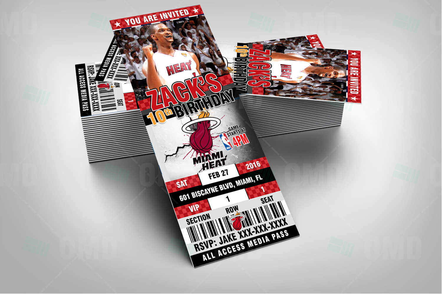 Miami Heat Sports Ticket Style Party Invites 2.5×6″ Sports Invites