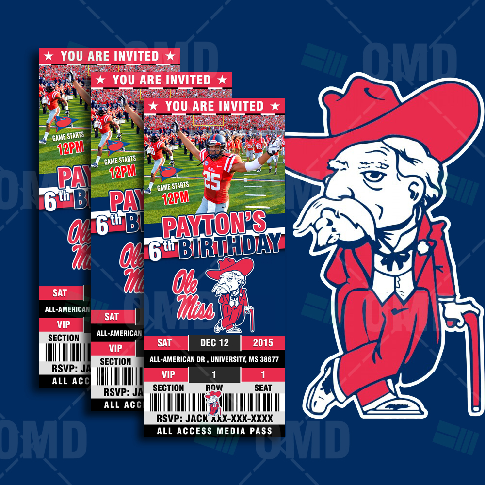 Ole Miss Rebels Ticket Style Sports Party Invitations ...