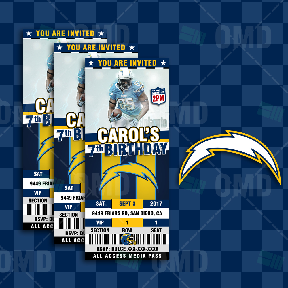 Los Angeles Chargers Ticket Style Sports Party Invitations – Sports Invites