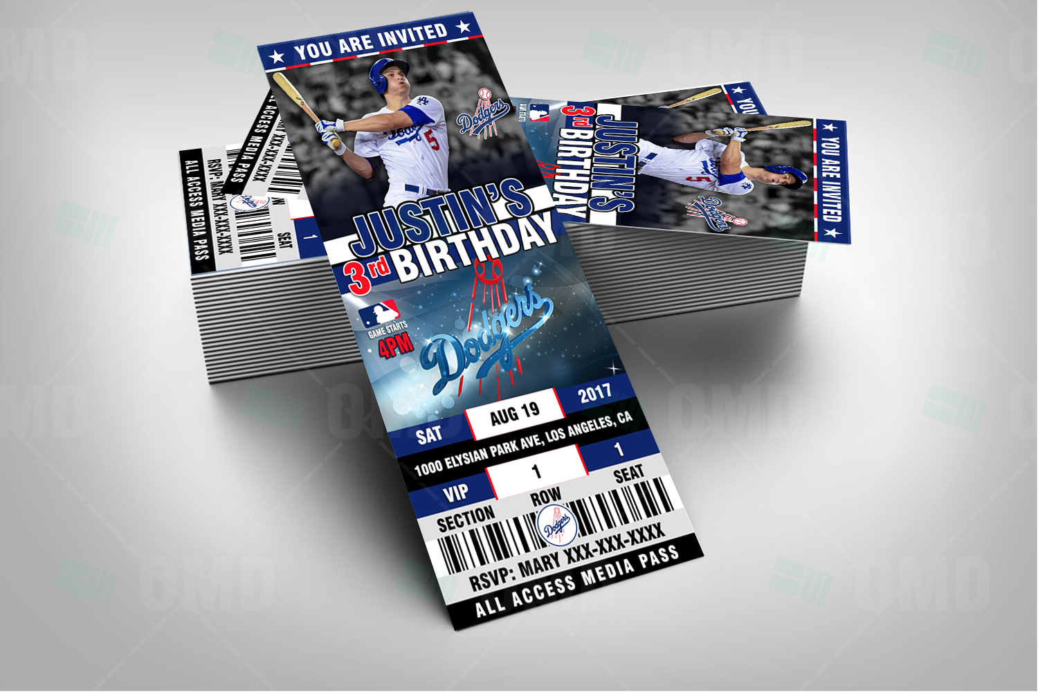 Editable Los Angeles Dodgers Birthday Ticket Party Invitations