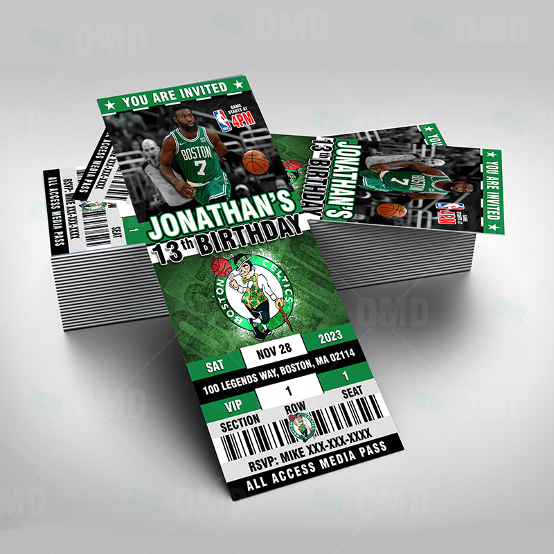 Boston Celtics Basketball Ticket Style Invitation  Basketball birthday  invitations, Baseball birthday invitations, Basketball birthday parties